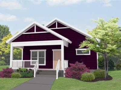 A rendering of a one-story home painted dark purple with white trim. The front porch is accessible via a short walkway and short set of stairs with hand railings on either side. There are two windows on the front of the house.